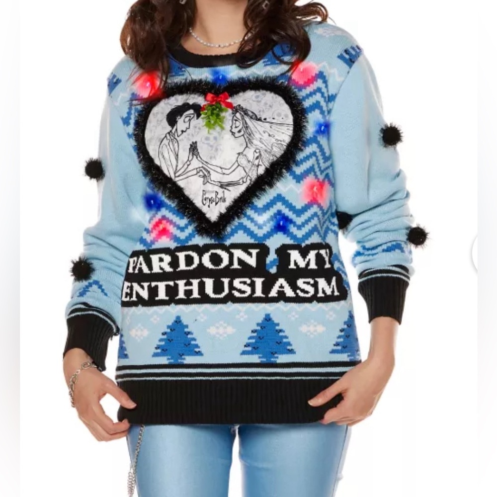 🌀CORPSE BRIDE LIGHT-UP PARDON MY ENTHUSIASM XMAS SWEATER - NWT